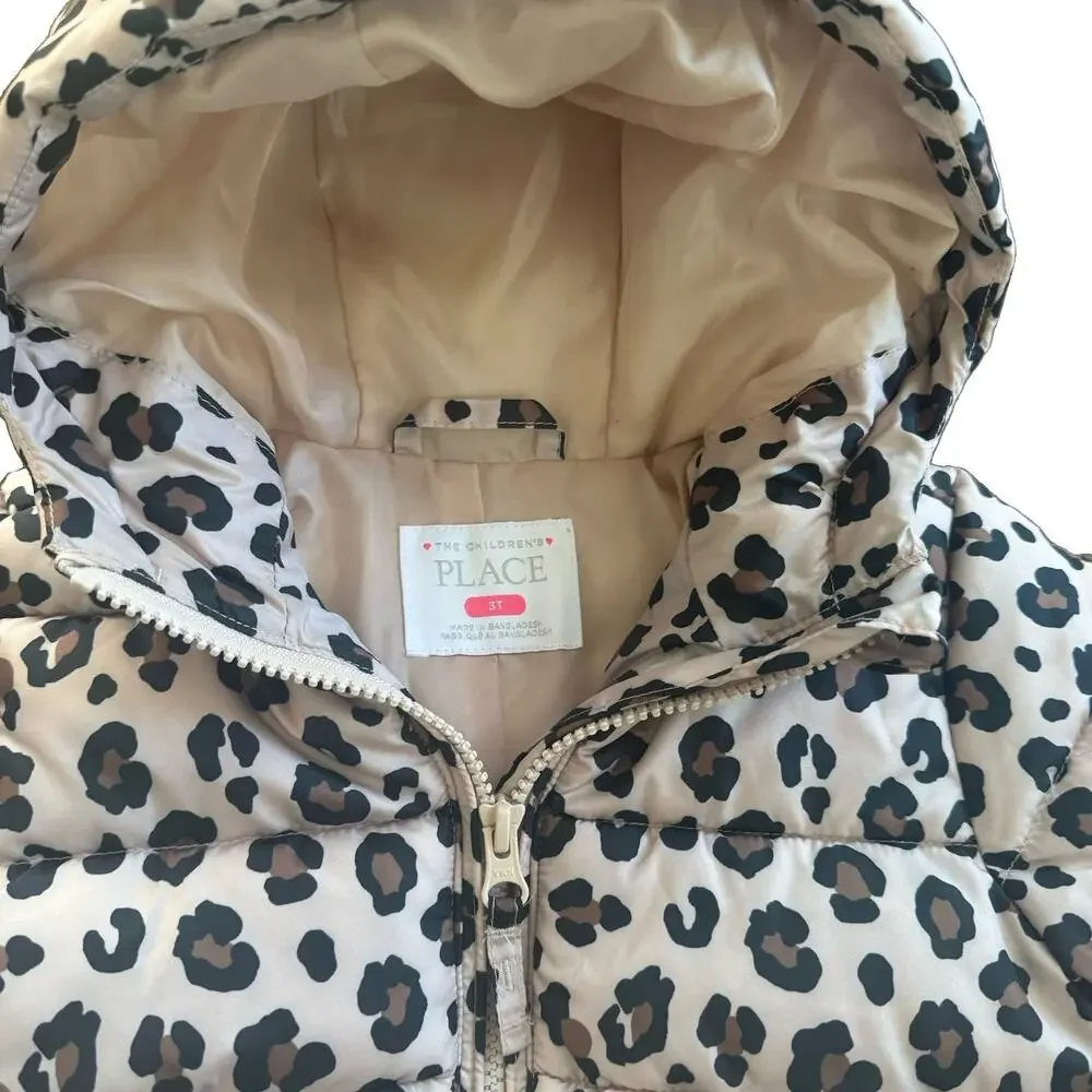 The Children's Place 3T Hooded Lined Full Zip Leopard Puffer Jacket Beige/Black
